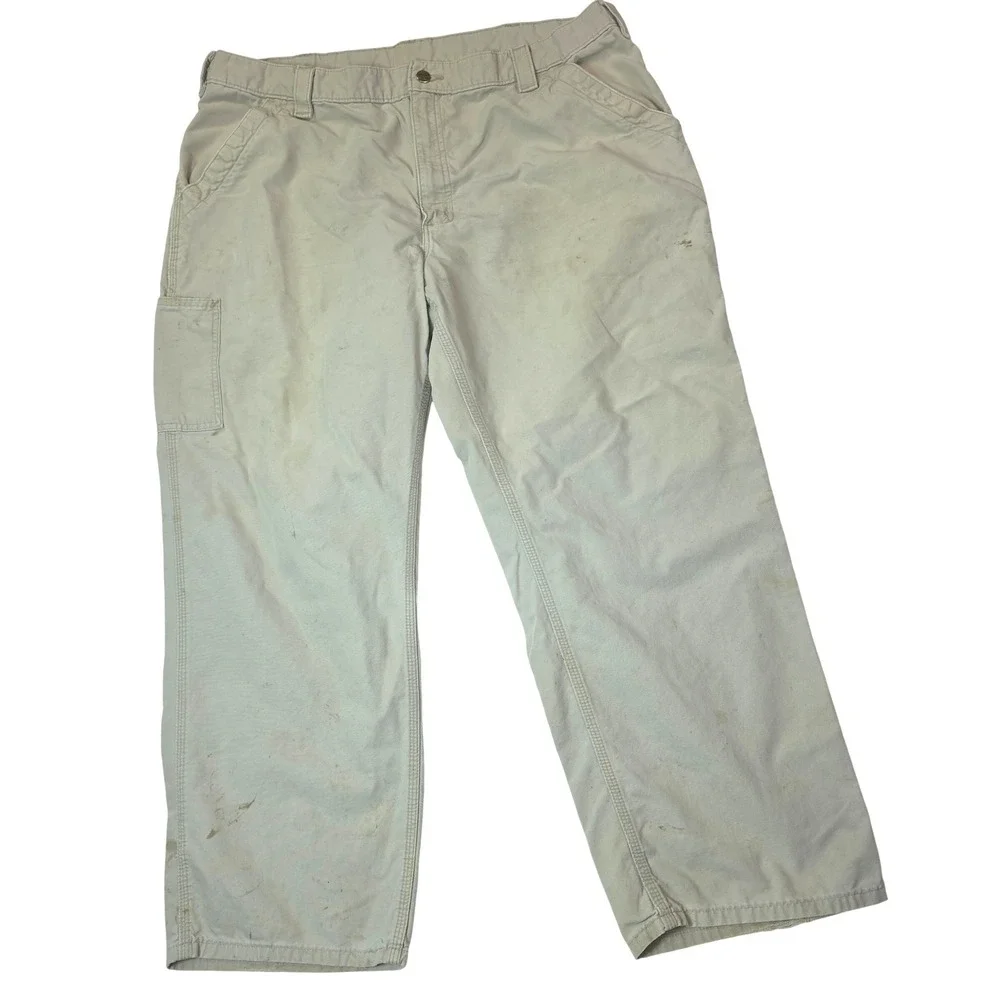 Carhartt Mens Tan Canvas Orig Dungaree Fit Carpenter Work Pants 42x30 Distressed
